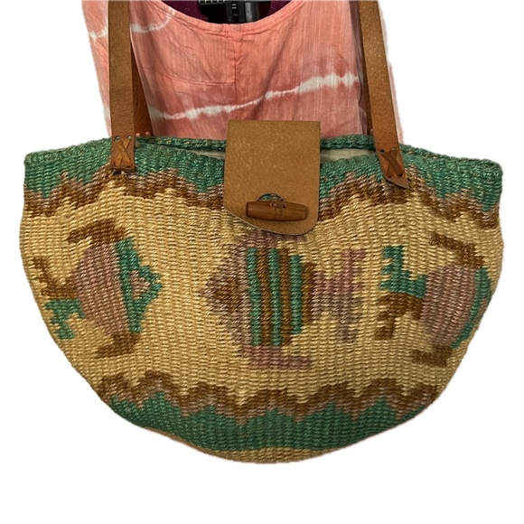 Sisal Large Tote Market Bag Basket Woven Leather Handles Fish Pattern Green Tan - Picture 2 of 10